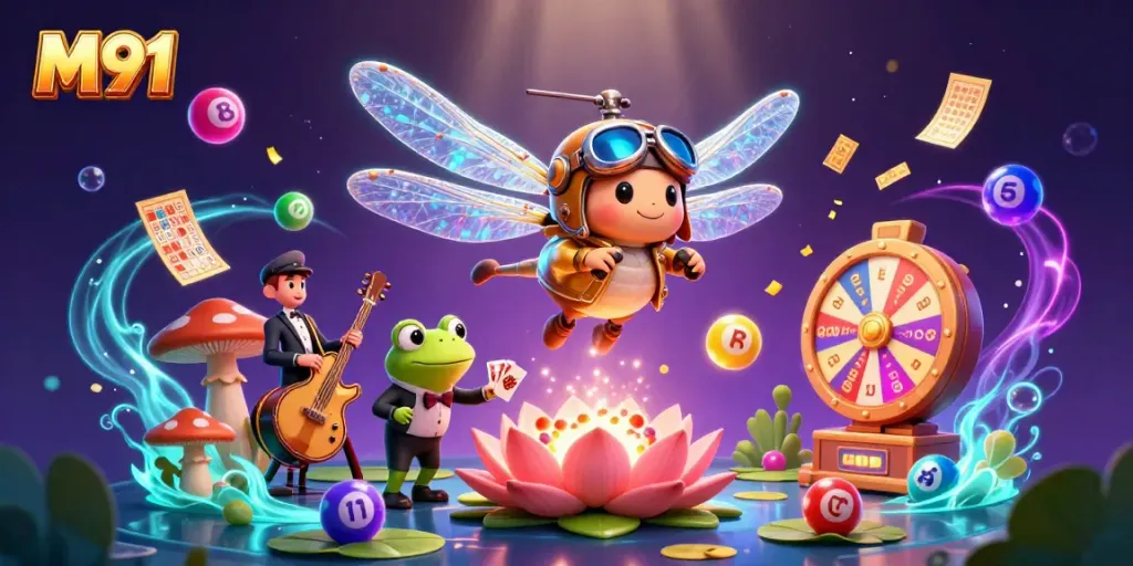 M91 showcases a vibrant casino scene with a dragonfly pilot above a lily pad casino while a frog croupier deals cards.