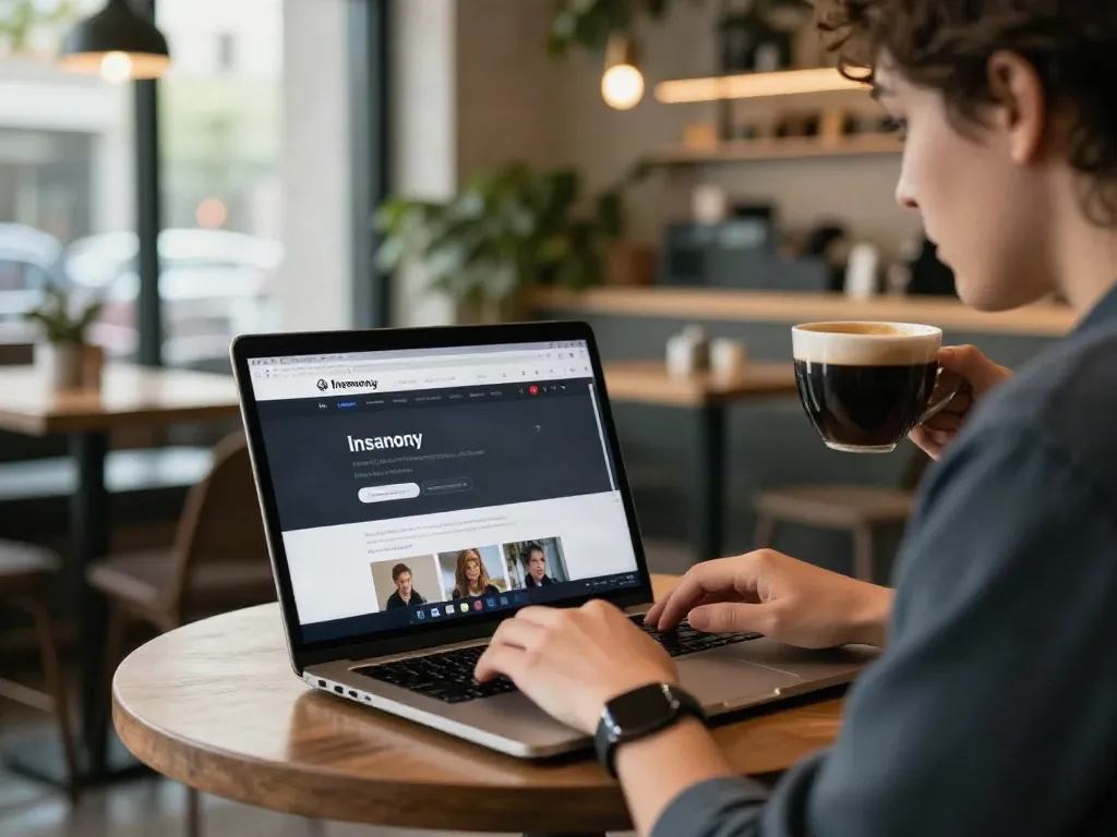 Engaging scene showing a user viewing Instagram stories anonymously on Insanony in a cozy café setting.