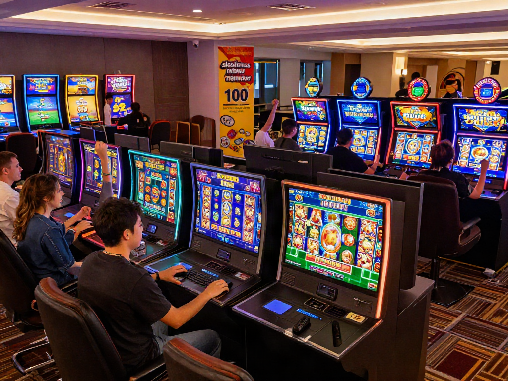 Engaging slot bonus new member 100 scene with diverse players enjoying vibrant online slot games in a lively casino atmosphere.