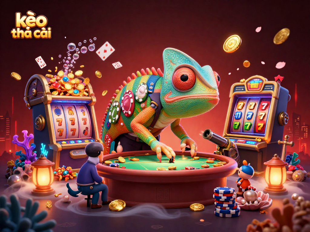 Spin the kèo nhà cái slots with a chameleon casino owner amidst treasures and gaming excitement.