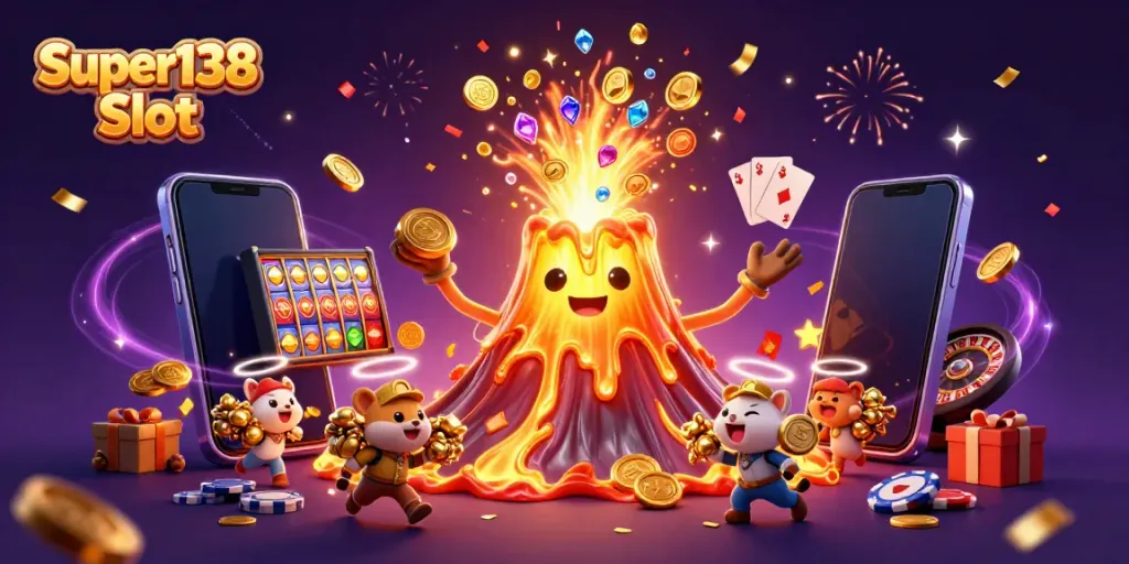 Experience the excitement of the Super138 Slot with a golden volcano erupting coins and gems, creating a captivating gaming scene.