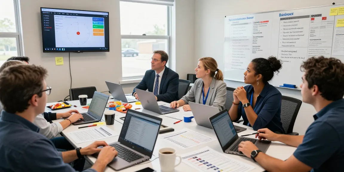 Campaign team using a power dialer for campaigns in a vibrant office setting, visualizing data and strategy.