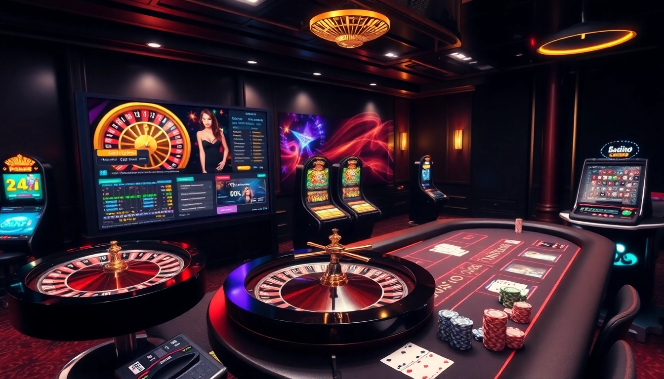 Scène engageante de site de casino en ligne mettant en vedette la roulette et des machines à sous vibrantes.