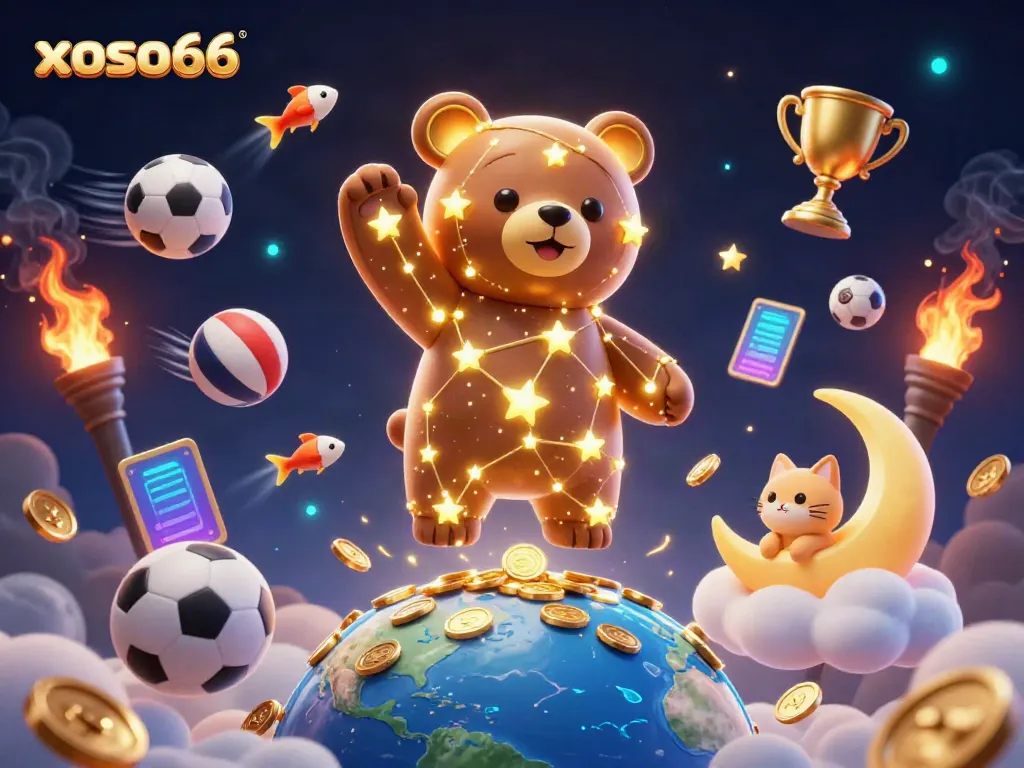 Experience thrilling moments with xoso66 as a constellation bear collects coins with sports action.
