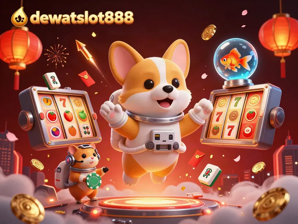 Visual ceria dewataslot888 dengan astronaut, hamster, dan ikan dalam kasino luar angkasa yang penuh suasana