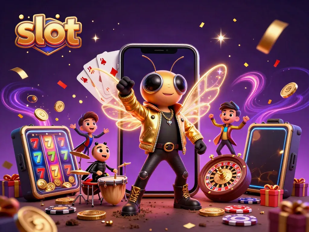 Experience slot excitement with a vibrant cicada rock star, golden coins, and spinning reels in this dynamic casino scene.