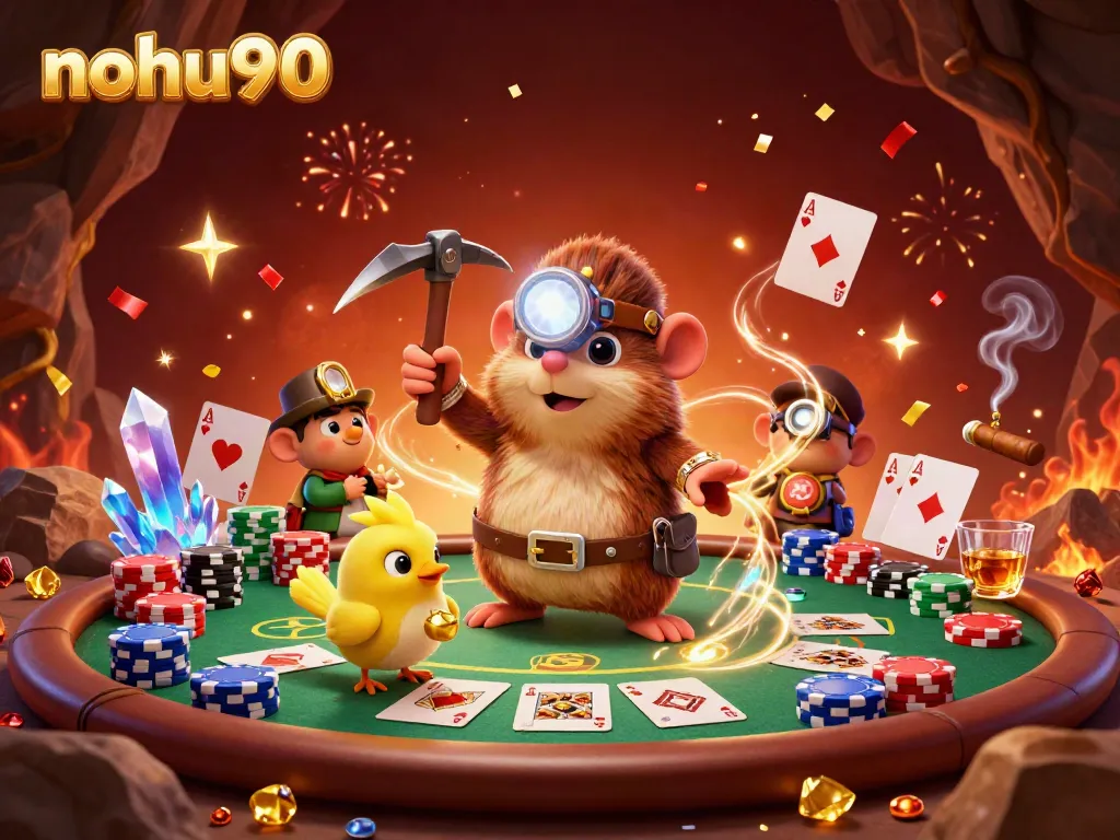 Engage with nohu90’s vibrant casino scene featuring a treasure hunter mole and poker elements.