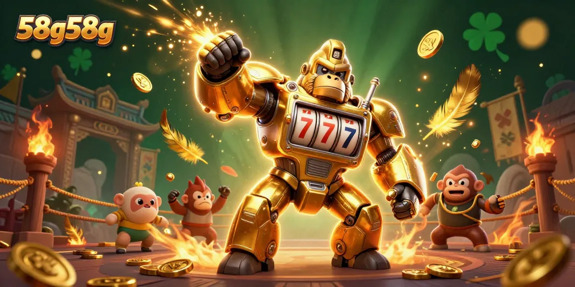 Participantes do 58g58g em uma cena de cassino vibrante e dinâmica com um gorila mech dourado e elementos de jogo.