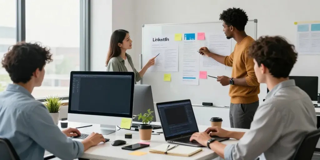 Generate LinkedIn articles with AI using a collaborative professional workspace with diverse team members.