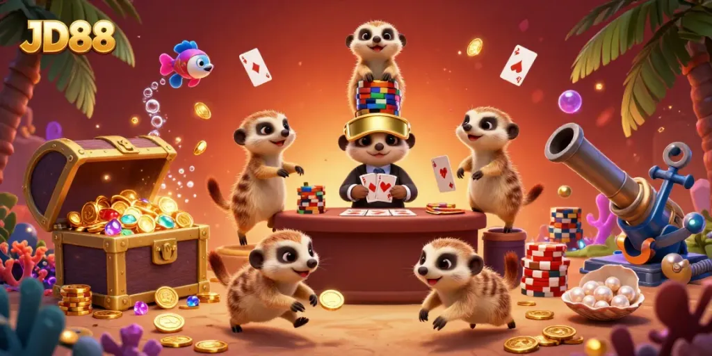 Join the vibrant world of JD88 as meerkats run a lively online casino, capturing the thrill of gaming.