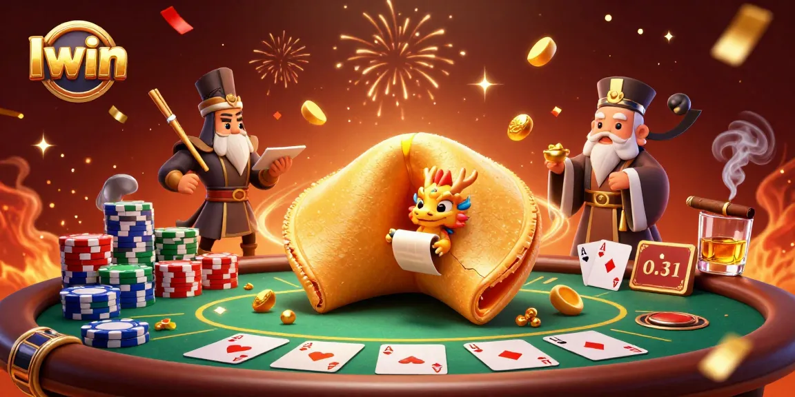 Iwin players enjoy epic poker moments with golden fortune cookie and wise dragon in vibrant 3D illustration