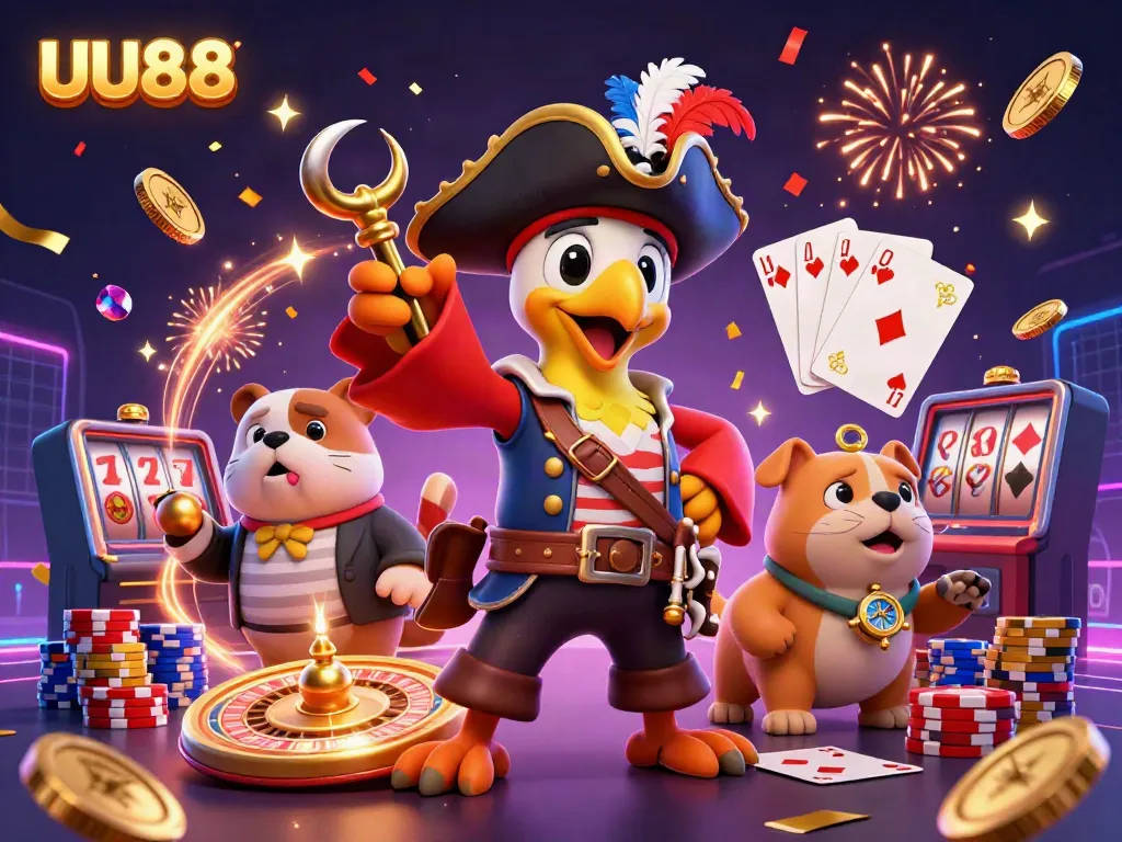 Experience dynamic casino action with UU88’s lively 3D pirate-themed illustration.