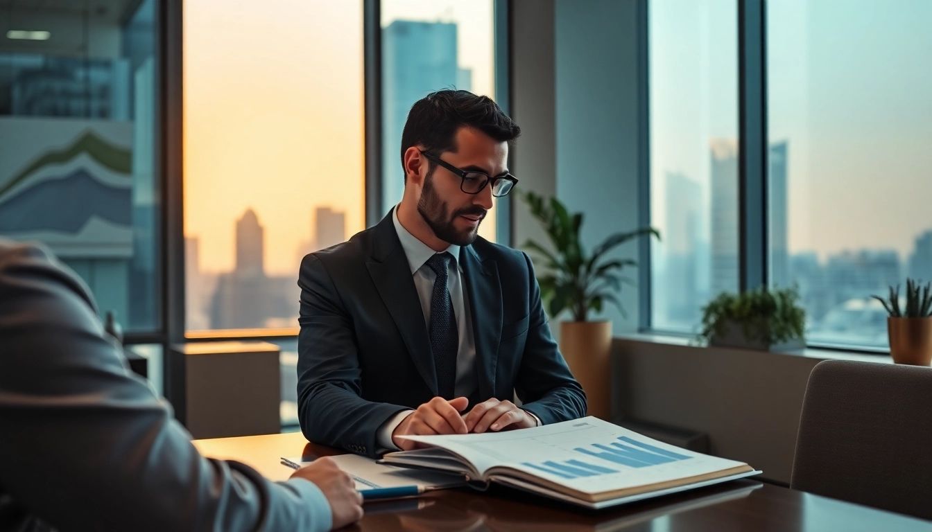 Engaging financial advisor discussing tax planning and wealth management strategies in a modern office.