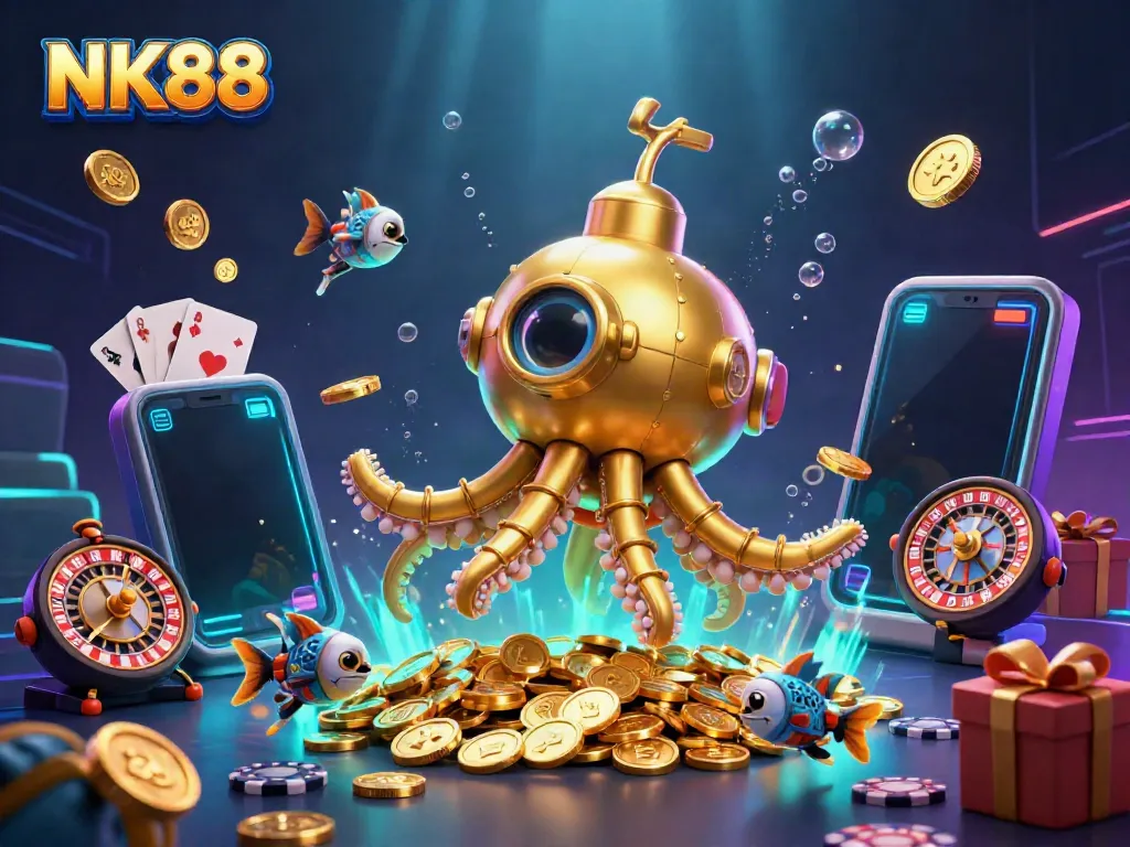 Engage with NK88's vibrant online casino experience through this rich 3D illustration showcasing games and rewards.