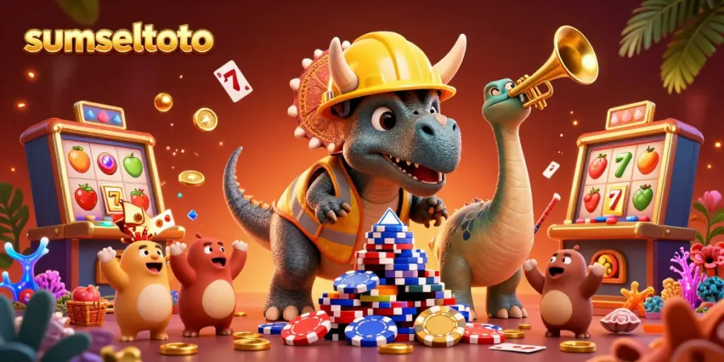 Sumseltoto players winning with a triceratops building poker chip pyramids amidst a lively casino scene.