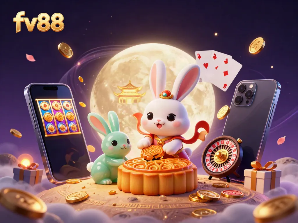 Fv88 showcases a cartoon moon rabbit revealing poker chips within mooncakes, set against an enchanting lunar scene.