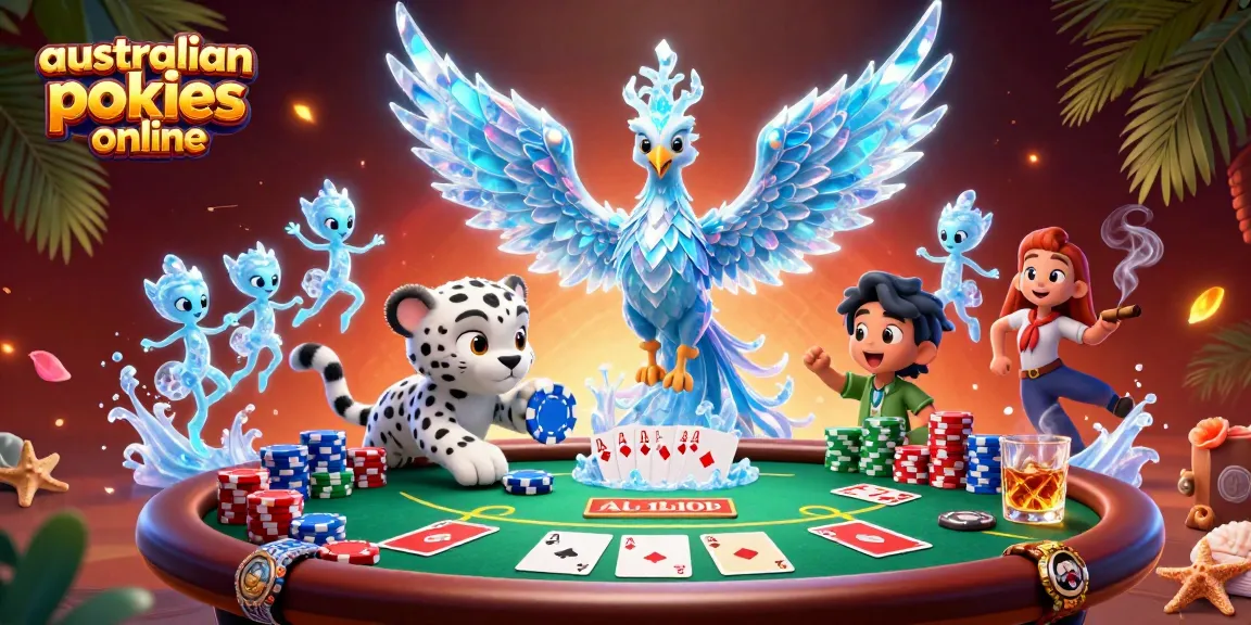Engage in australian pokies online with a dynamic scene of an ice phoenix and gaming elements.