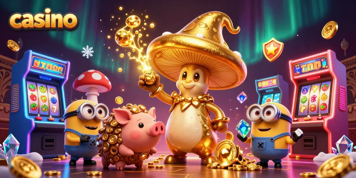 Engaging casino scene with a golden mushroom wizard, pig companion, and arcade games inviting players to enjoy winning.