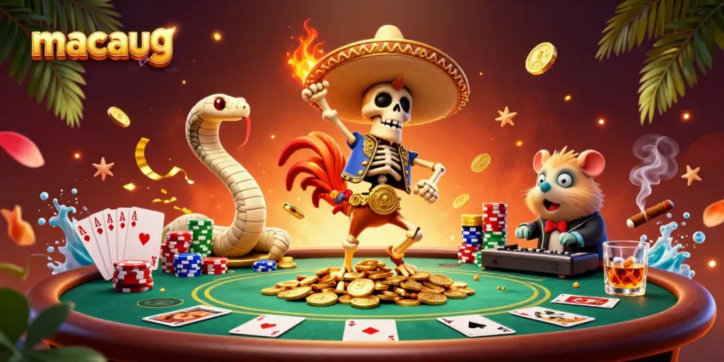 Win big with macaugg in this vibrant 3D casino scene featuring lively characters and exciting games.