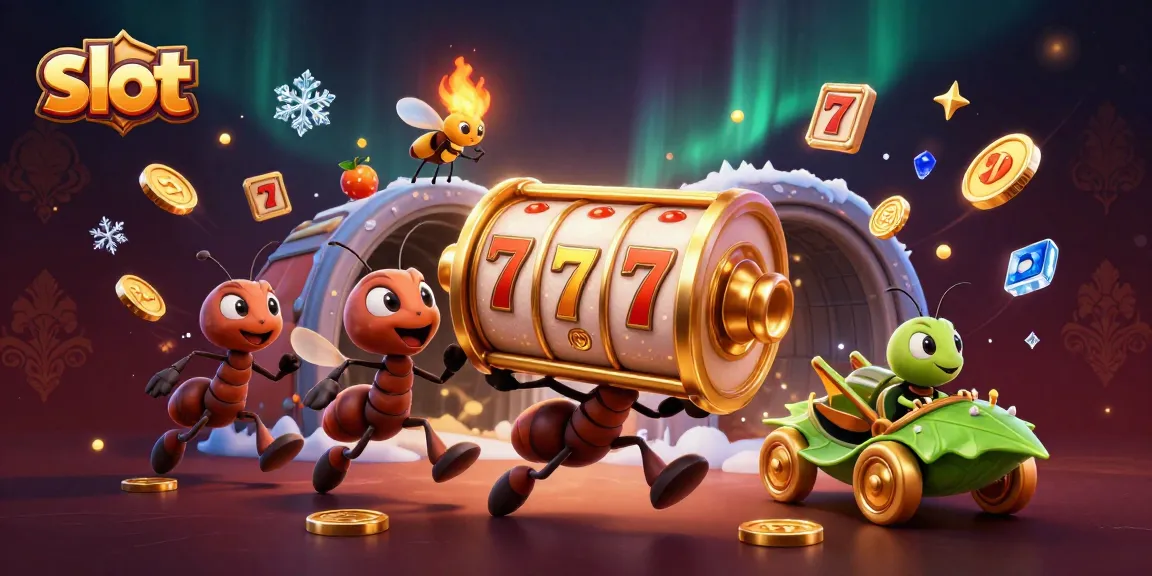 Engaging slot scene with ants transporting slot reels and golden coins in a fun heist adventure.
