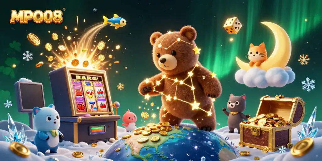 Experience the excitement of MPO08 with a 3D cartoon bear scooping coins amidst a dynamic casino-themed scene.