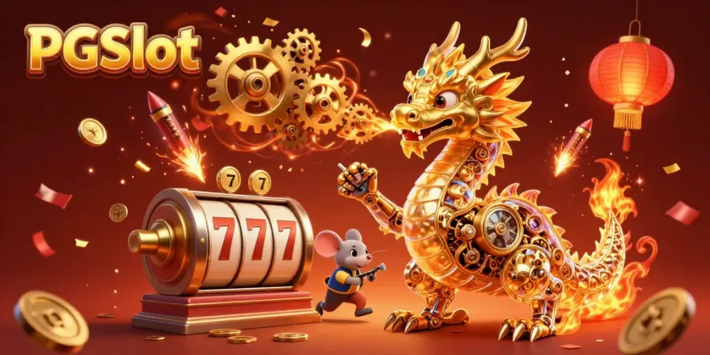 Experience thrilling PGSlot gameplay with a golden dragon and vibrant casino elements in this rich illustration.