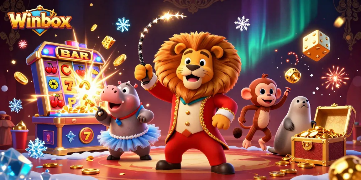 Winbox features vibrant circus-themed characters celebrating big wins in a dynamic casino atmosphere.