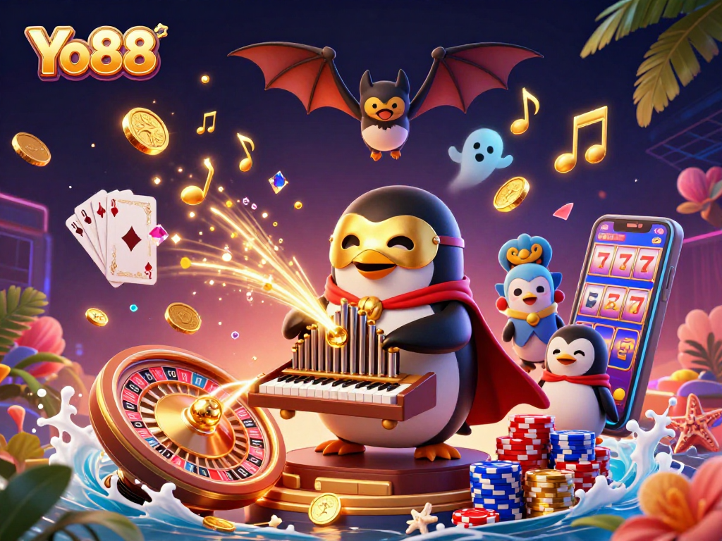 Experience Yo88's thrilling casino adventure with a charming penguin playing a golden pipe organ.