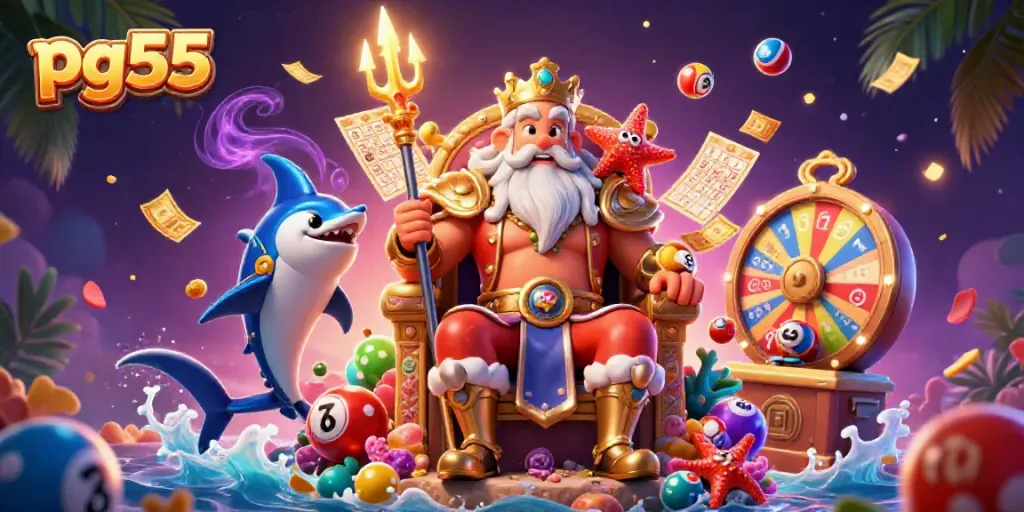 Engage with pg55 through vibrant lottery elements and a whimsical sea-themed casino illustration.