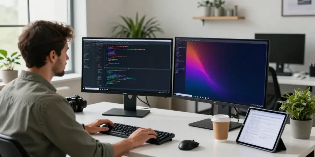 Developer engaged in instant indexing coding at a workspace, highlighting productivity and innovation.