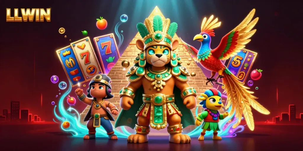 Engage with LLWIN's vibrant slot games featuring a Mayan jaguar priest amidst golden jackpots.