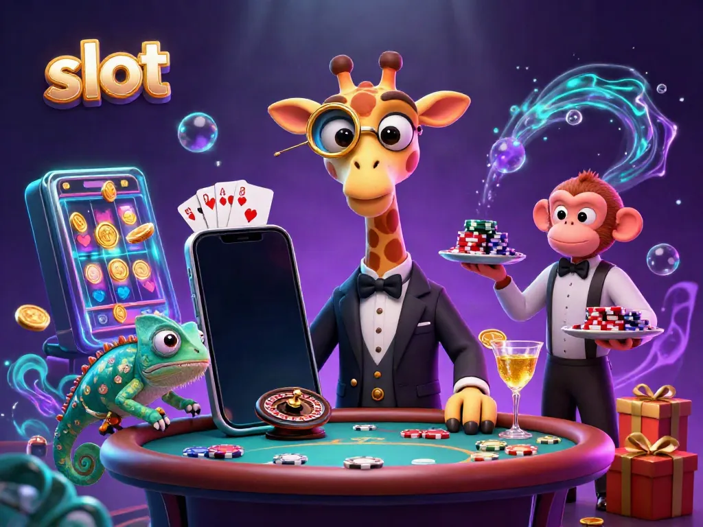 Experience vibrant slot gaming action with cartoon giraffe, monkey valet, and chameleon bartender in a dynamic casino scene.