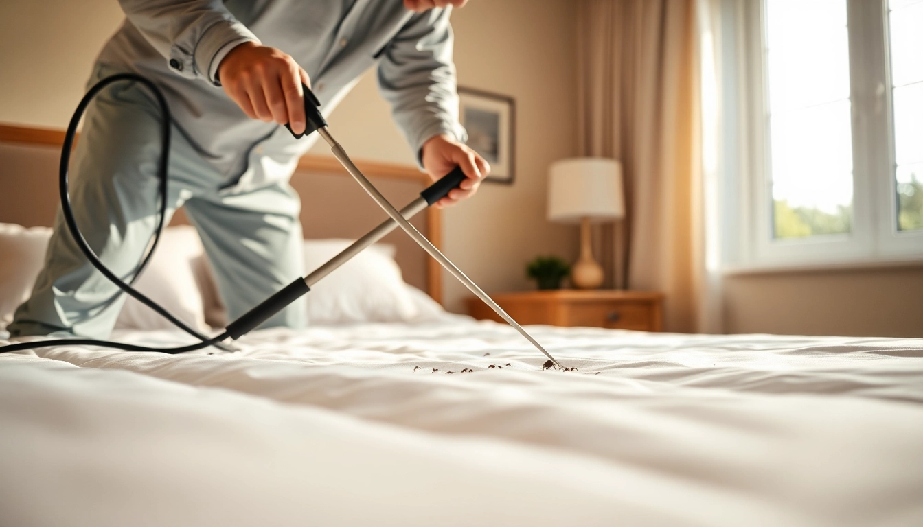 Implement affordable bed bug control with a pest technician visibly treating a peaceful bedroom.