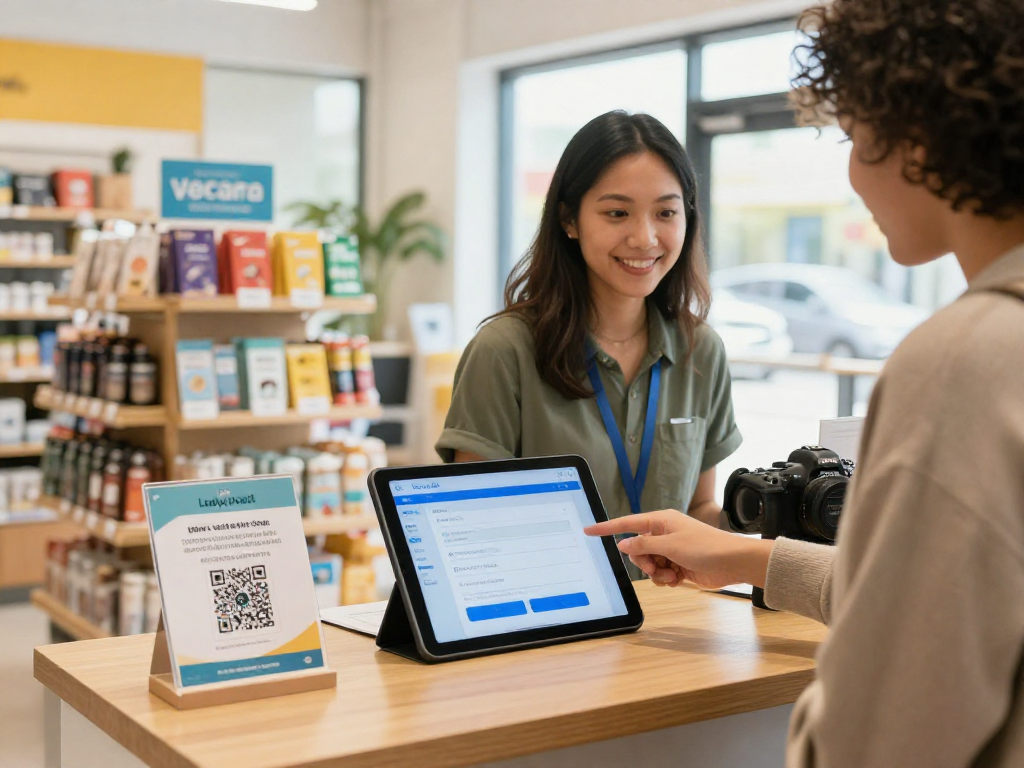 Customer using loyalty software on tablet while engaging with shopkeeper in a vibrant retail environment