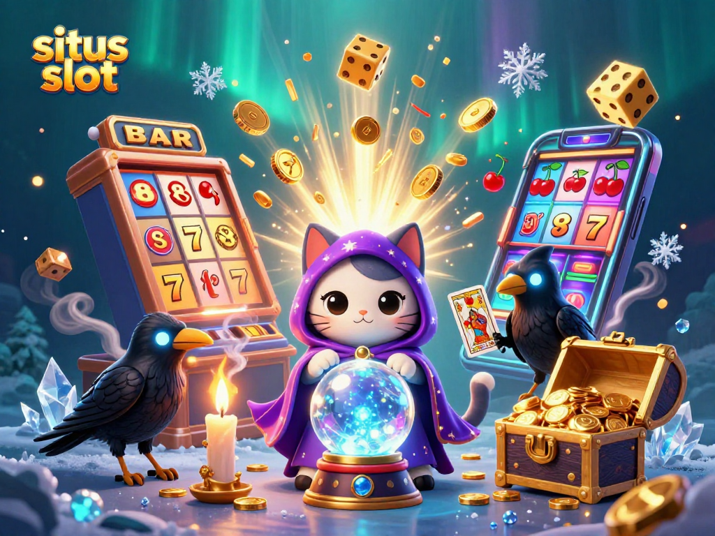Spin the situs slot machine in an enchanting scene with mystical characters and vibrant casino elements.