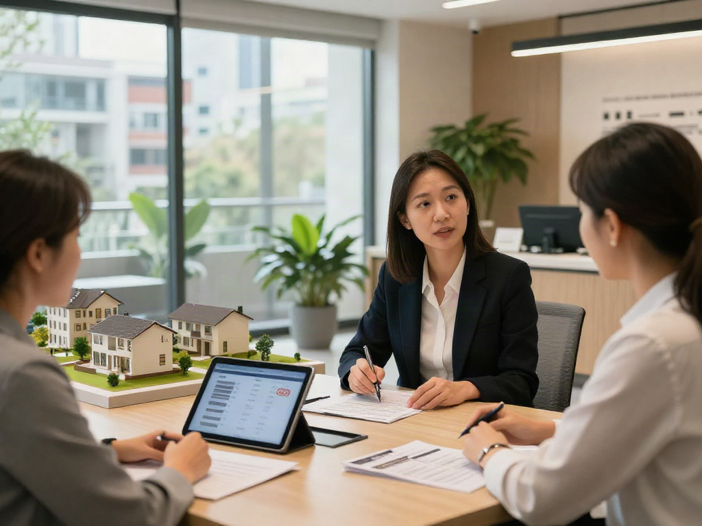 Real estate agent discussing deposit 10k options with clients in a bright office