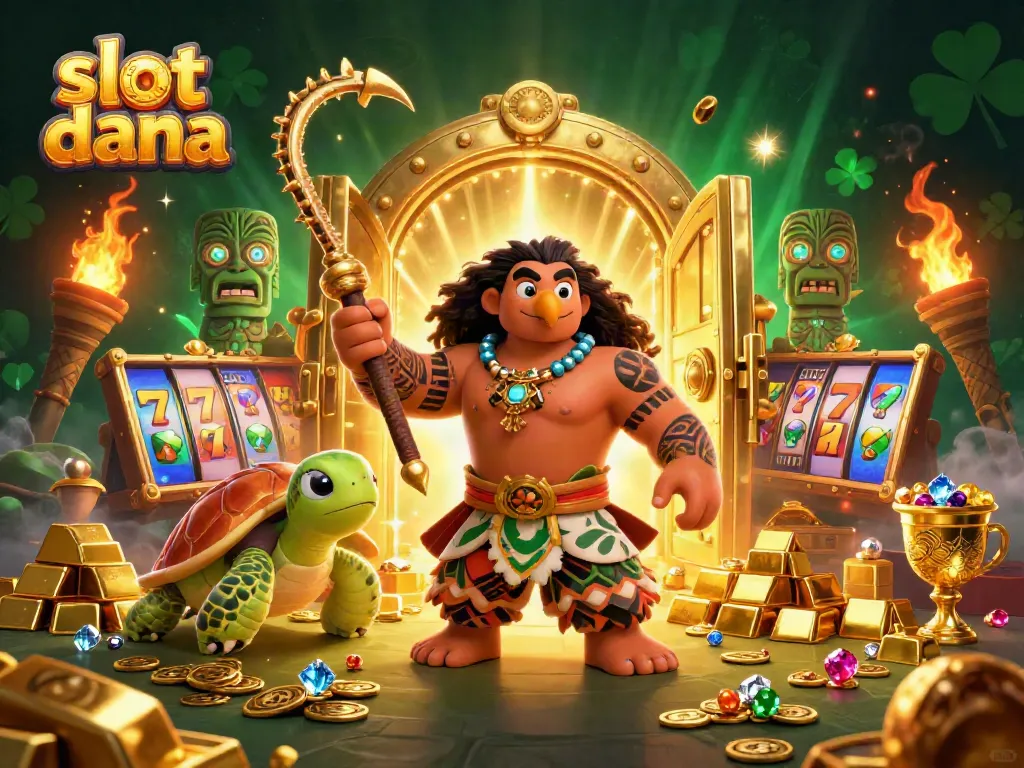 Gambarkan pengalaman bermain slot dana dengan karakter dewa Polynesia dan simbol slot yang cemerlang.