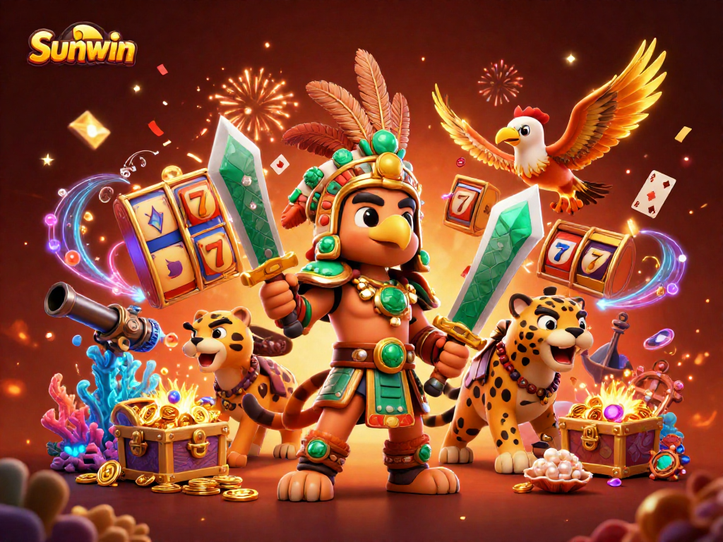 Experience the thrill of Sunwin with vibrant casino elements like slot reels and jackpots amidst exciting characters.