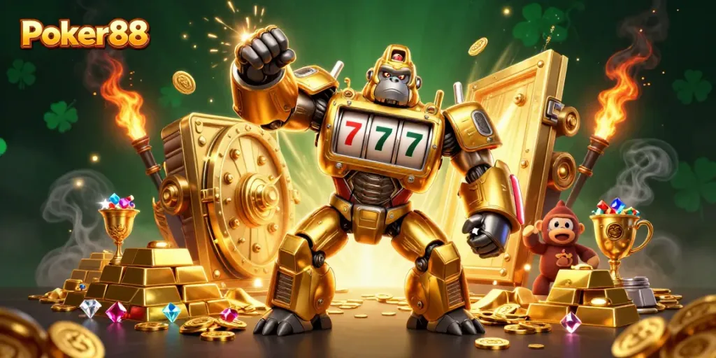 Experience exciting gameplay at Poker88 with engaging 3D imagery of a golden gorilla mech and vibrant casino elements.