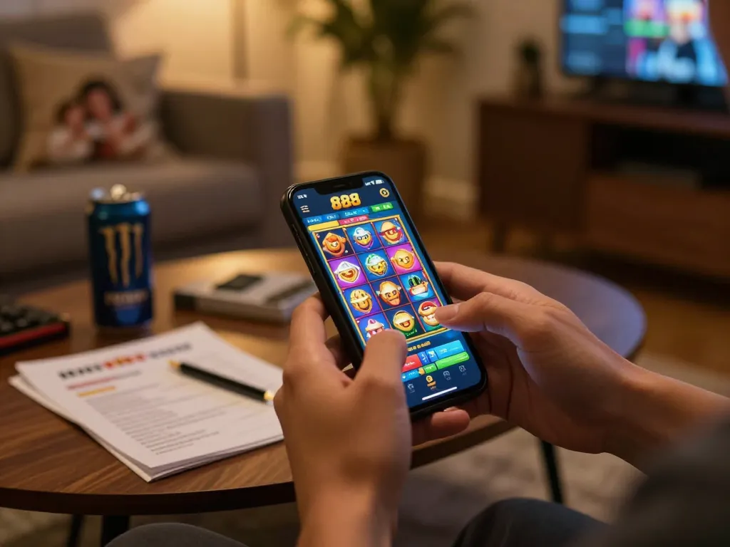 Player exploring slot88 on smartphone at home, showcasing interactive gaming experience.