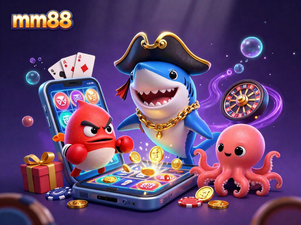Spin to win at mm88 with a pirate shark, pufferfish, and octopus amidst casino riches.