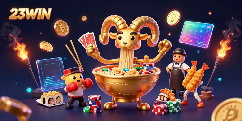 Experience vibrant gameplay with 23WIN in this dynamic scene featuring casino-themed characters and neon elements.