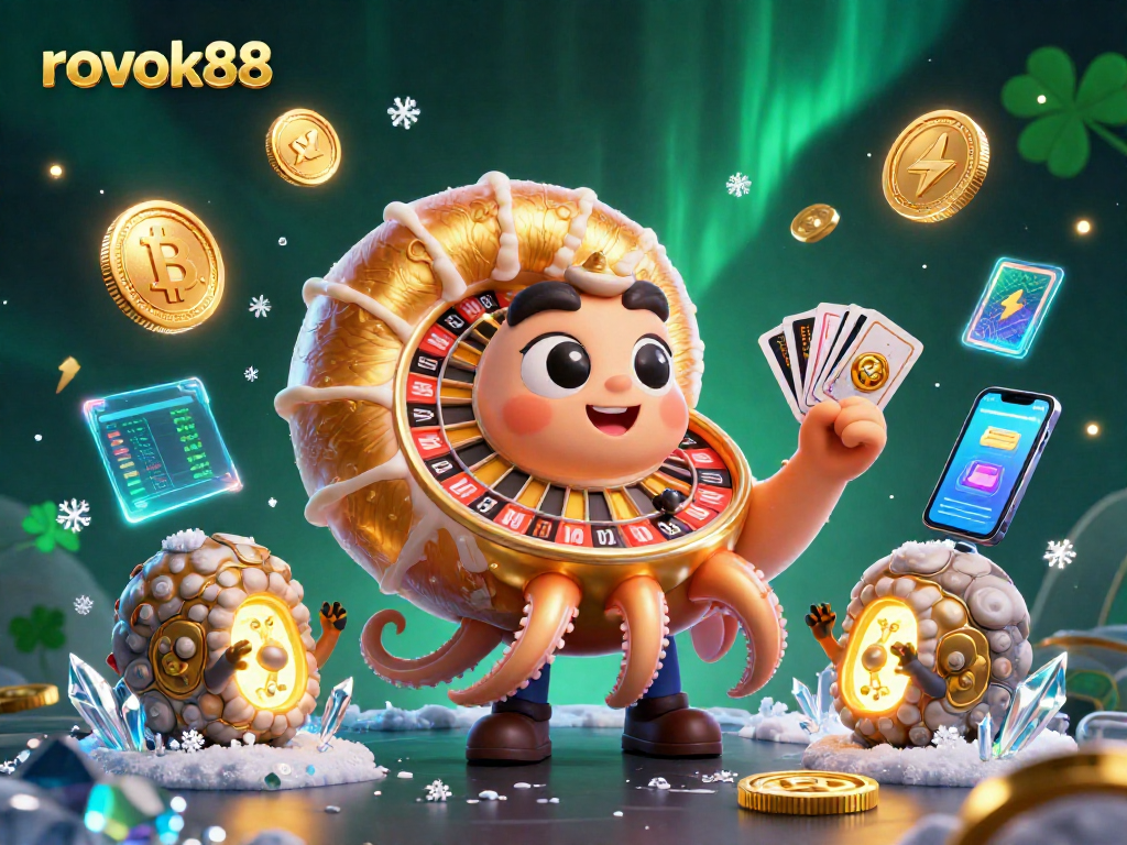 Play exciting games at rokok88 featuring a vibrant 3D nautilus roulette wheel and glowing cryptocurrency elements.