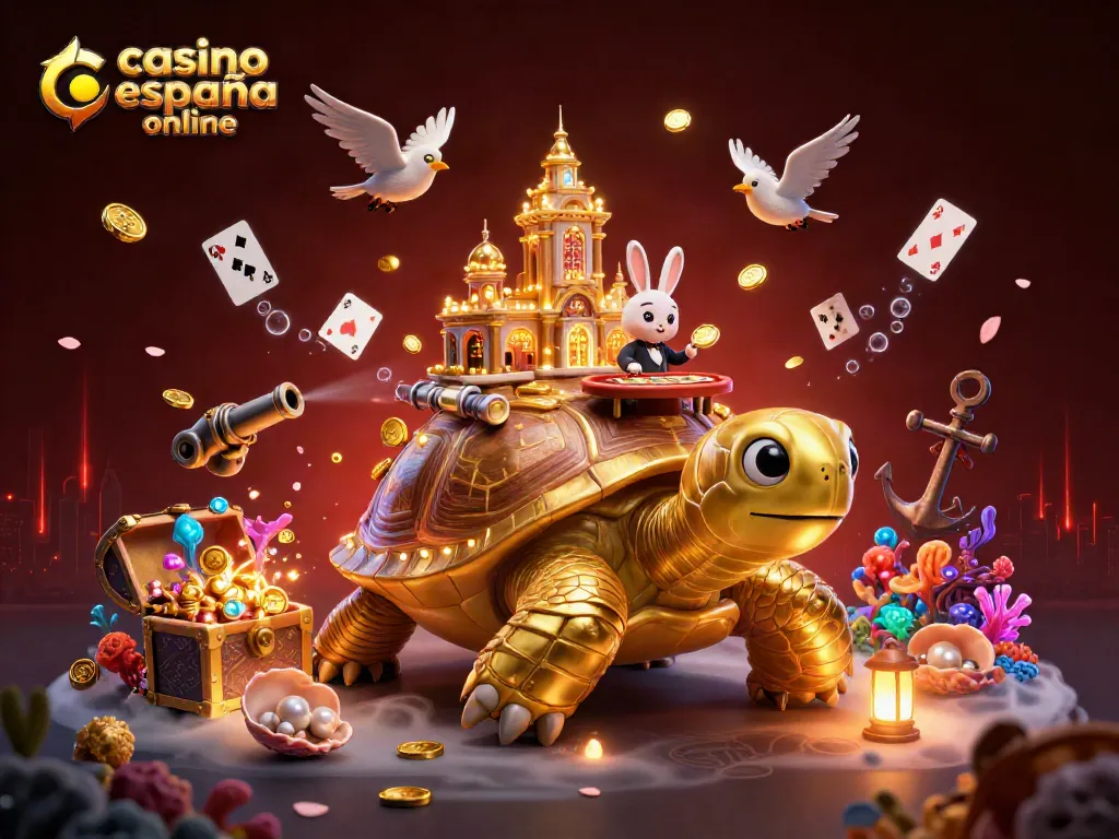 Juega en el casino españa online con la tortuga dorada y el crupier de cartas en un ambiente vibrante.