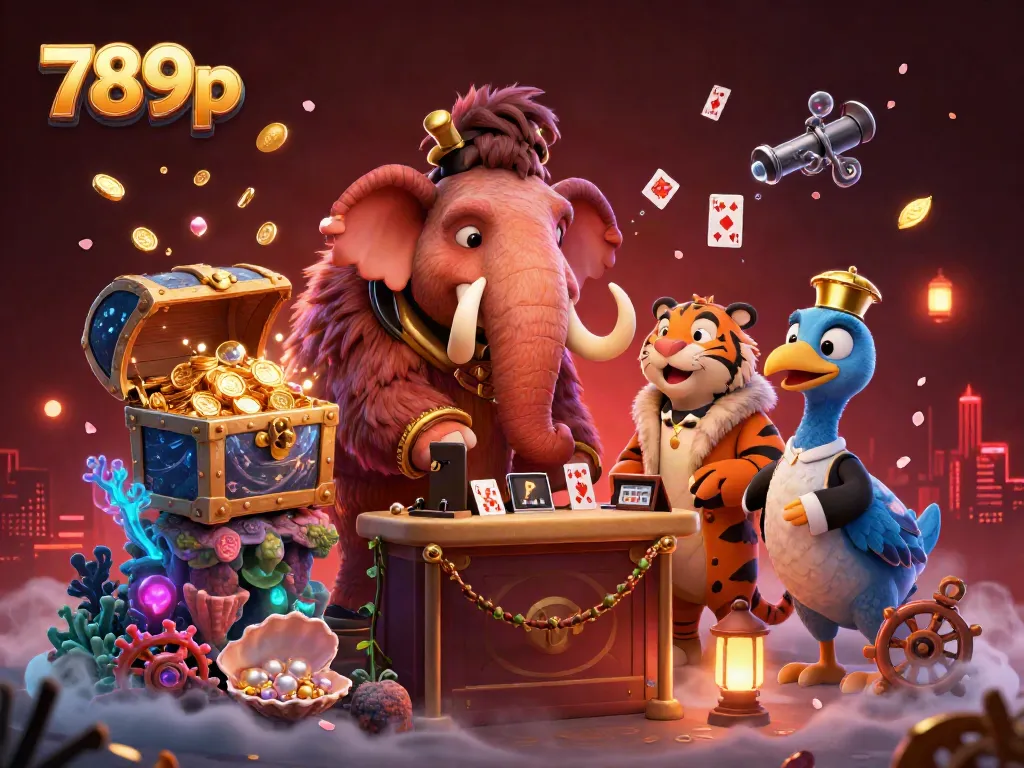 Engage with 789p's vibrant casino scene featuring a woolly mammoth, saber-tooth tiger, and dodo bird amidst treasures and gaming elements.