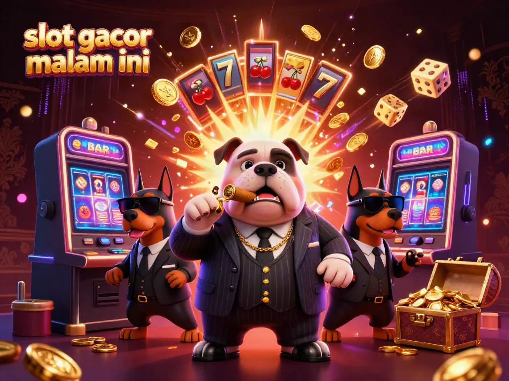 Slot gacor malam ini menampilkan karakter kasino 3D dan mesin slot berlipat koin dalam ilustrasi menarik.
