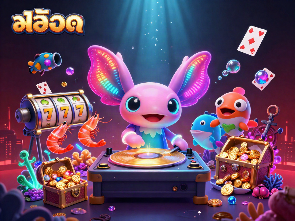 Engage in thrilling สล็อต adventures with vibrant axolotl DJ amidst treasure-filled underwater scene.