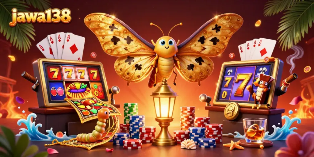 Experience the thrill of jawa138 with vibrant slot reels and dazzling casino elements in this 3D illustration.