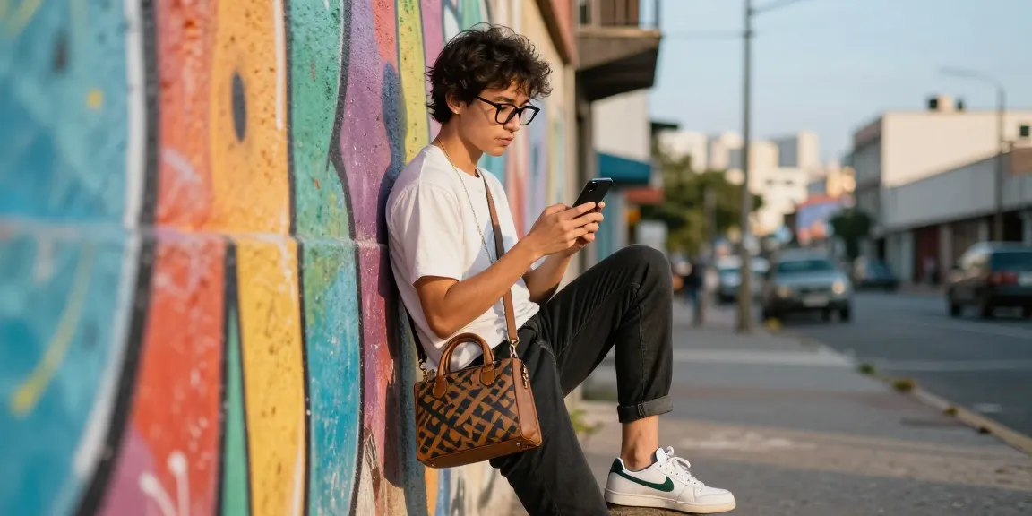 Trendy person wearing óculos de grau interacting with smartphone in urban setting, stylish accessories around.
