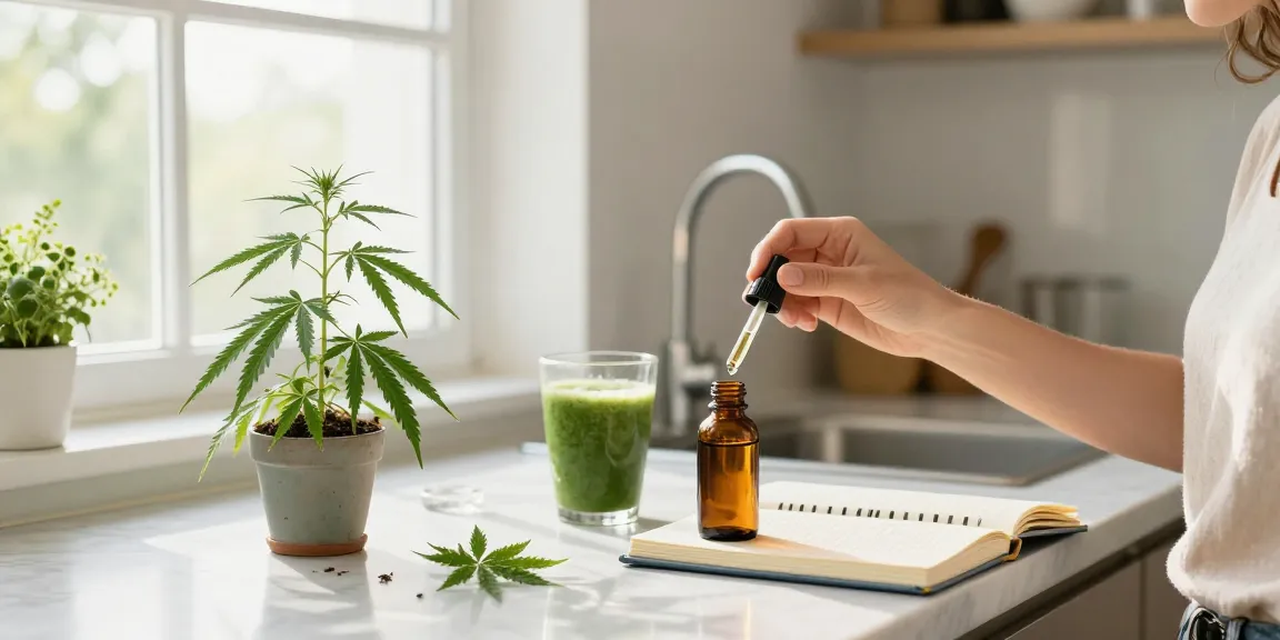Muha meds disposable with CBD oil and wellness products in a bright kitchen.